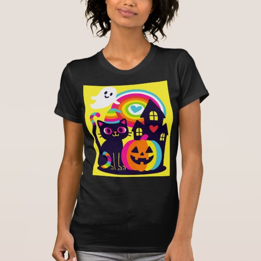 T-shirt Retro Halloween Kawaii Chat noir, design Citrouill (Devant)