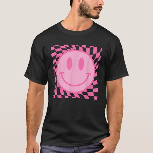 T-shirt Retro Happy Smile Face Smiling Checkered Pattern P (Devant)
