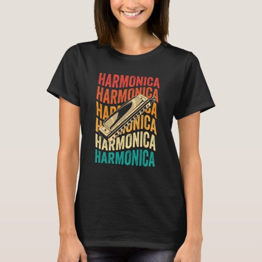 T-shirt Retro Harmonica Harp Player (Devant)