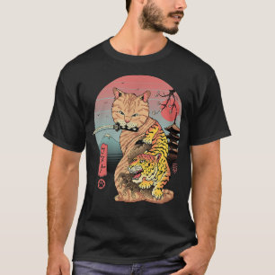 T-shirt Rétro Japonais Samurai Ninja Chat Kawaii Tattoo Ch