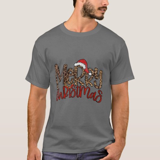 T-shirt Retro Leopard Joyeux Noël Santa Hat Funny Noël (Devant)