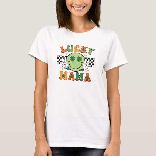 T-shirt Retro Lucky Mama Smiley Face Shamrock Art (Devant)
