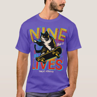 T-shirt Retro Nine Lives Skate Co Funny Skateboarding Cat