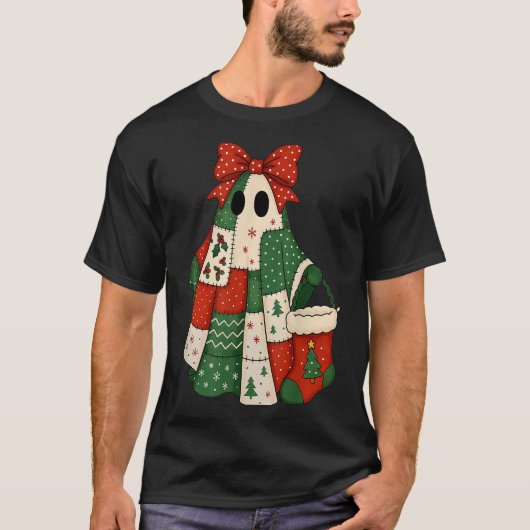 T-shirt Retro Patchwork Christmas Ghost Coquette Bow X-mas (Devant)