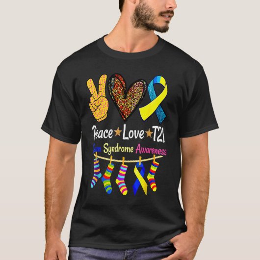 T-shirt Retro Peace Love Cure Blue World Down Syndrome Awa (Devant)