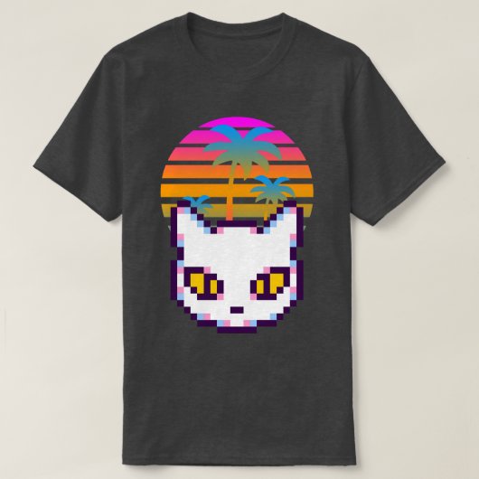 T-shirt Retro Pixel Kitty Cat Palm Trees Sunset (Design devant)