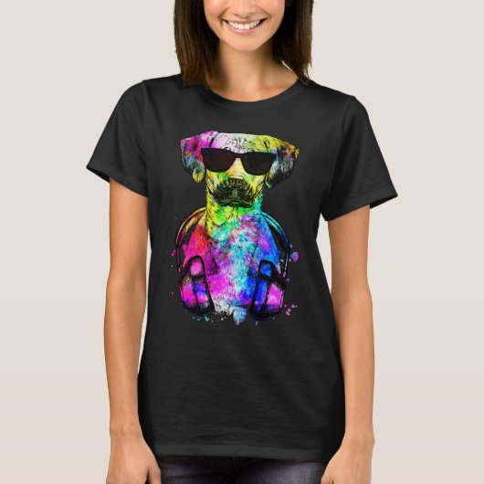 T-shirt Retro Pop Black Mouth Cur Dog Portrait with Headph (Devant)