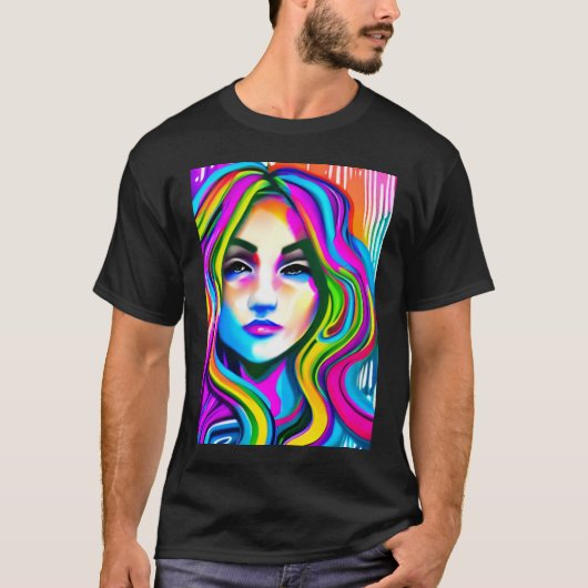 T-shirt Retro Portrait d'une femme avec les cheveux arc-en (Devant)