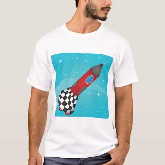 T-shirt Retro Red Rocket Ship in Space Galactic (Devant)