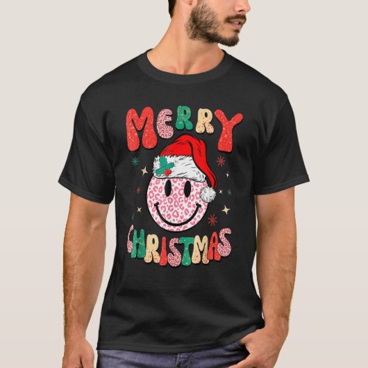 T-shirt Retro Santa Hat Leopard Smile Face Merry Christmas (Devant)