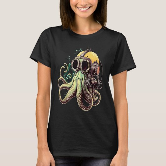 T-shirt Retro Scuba Diver Weird Octopus Design Octopus Hel (Devant)