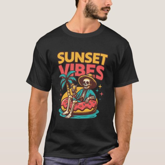T-shirt Retro Skeleton Sunset Vibes Design été (Devant)