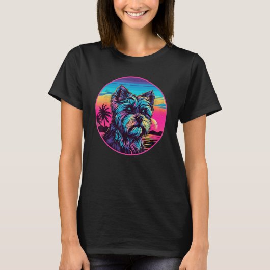 T-shirt Retro Sunset Yorkie Dog (Devant)