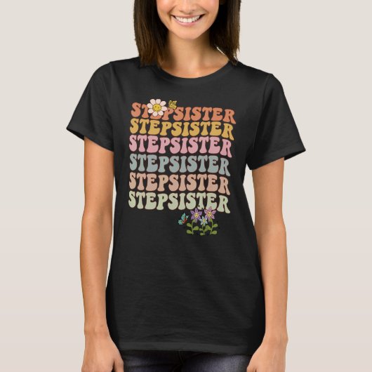 T-shirt Retro super Stepsoeur mots ondulés avec fleurs et (Devant)