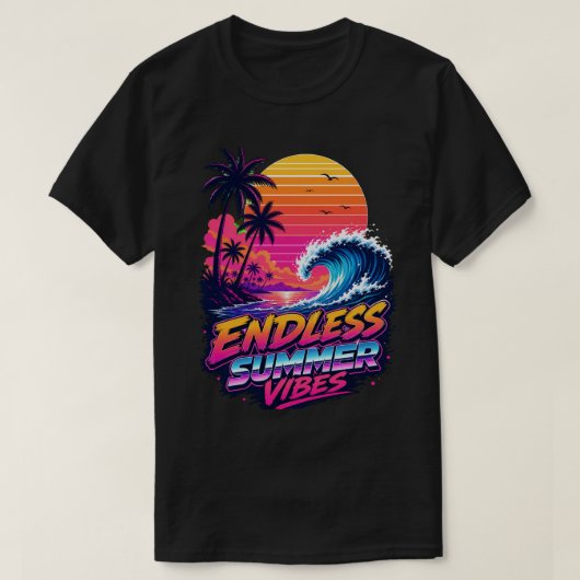 T-shirt rétro synthwave 80s coucher de soleil surf (Design devant)
