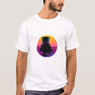 T-shirt Retro Synthwave Gentleman Cat in Top Hat - Neon Su
