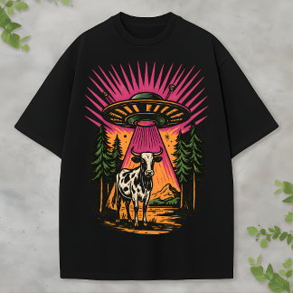 T-shirt Retro UFO Cow Alien Forest Scene Funny Sci-Fi