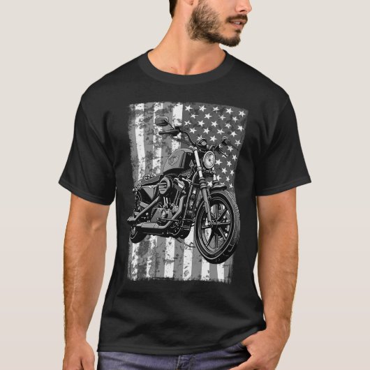 T-shirt Retro USA American Flag Motorcycle Veteran Biker (Devant)