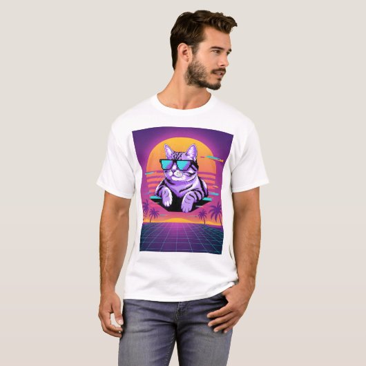 T-shirt Retro vaporwave cat (Devant entier)