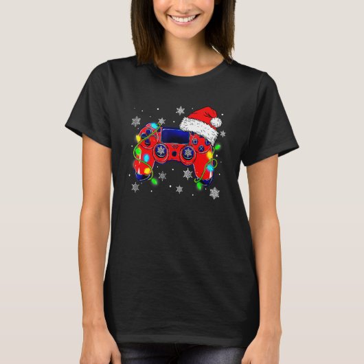 T-shirt Retro Video Game Controller Christmas Santa Hat Ga (Devant)