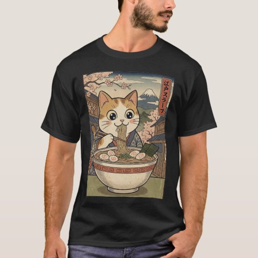 T-shirt Rêves de Ramen Neko – Chat de style gravure sur bo (Devant)