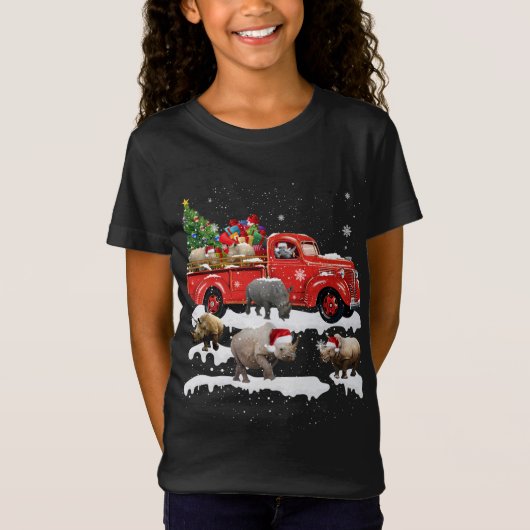 T-Shirt Rhinocéros conduisant un camion rouge Joyeux Noël (Devant)