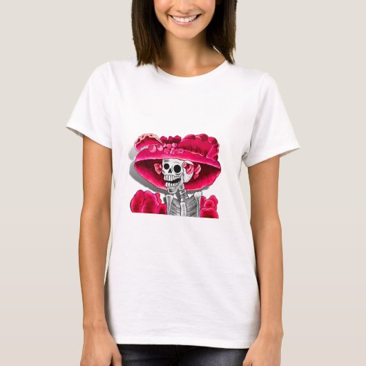 T-shirt Rire Skeleton Woman dans Red Bonnet (Devant)