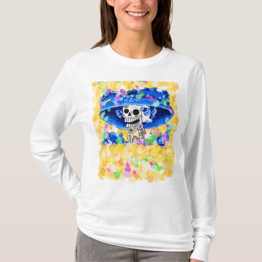 T-shirt Rire Skeleton Woman dans Yellow Bonnet (Devant)