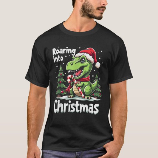 T-shirt Roaring into Christmas T Rex Santa Hat Candy Cane (Devant)