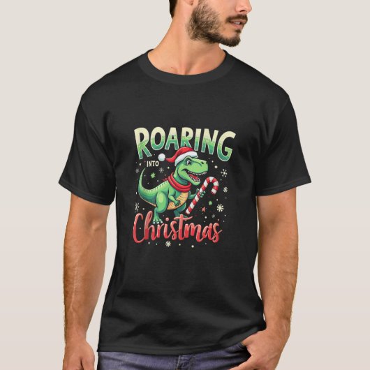 T-shirt Roaring into Christmas T Rex Santa Hat Candy Cane  (Devant)