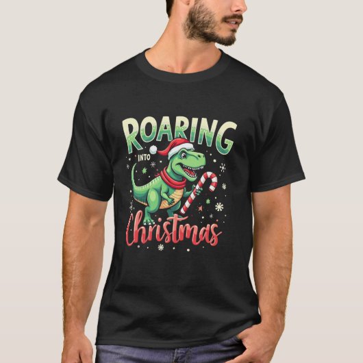 T-shirt Roaring into Christmas T Rex Santa Hat Candy Cane  (Devant)
