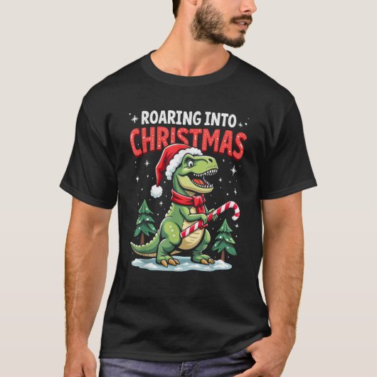 T-shirt Roaring into Christmas T Rex Santa Hat Candy Cane (Devant)