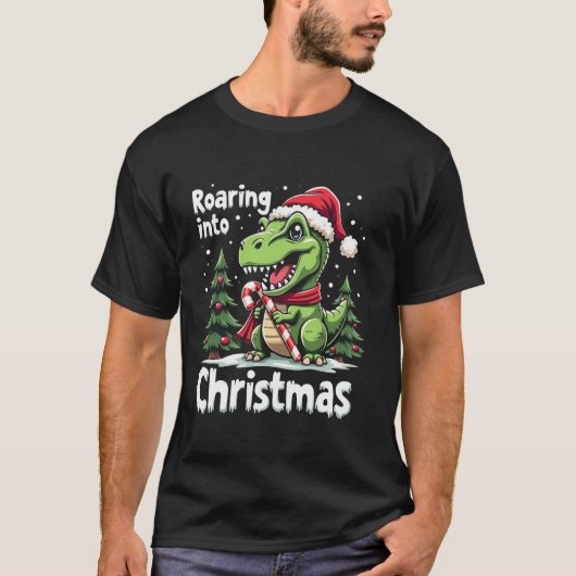 T-shirt Roaring into Christmas T Rex Santa Hat Candy Cane (Devant)