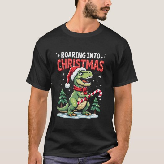 T-shirt Roaring into Christmas T Rex Santa Hat Candy Cane  (Devant)