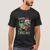 T-shirt Roaring into Christmas T Rex Santa Hat Candy Cane (Devant)