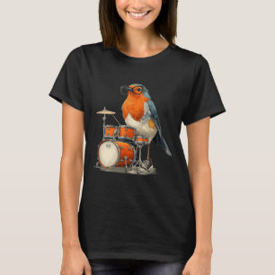 T-shirt Robin Bird drôle à lunettes avec des tambours Rock