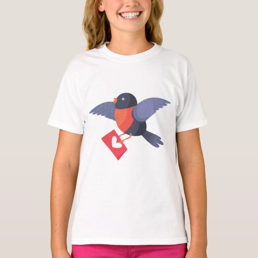 T-shirt Robin Bird Flying with Red Heart Love Letter (Devant)
