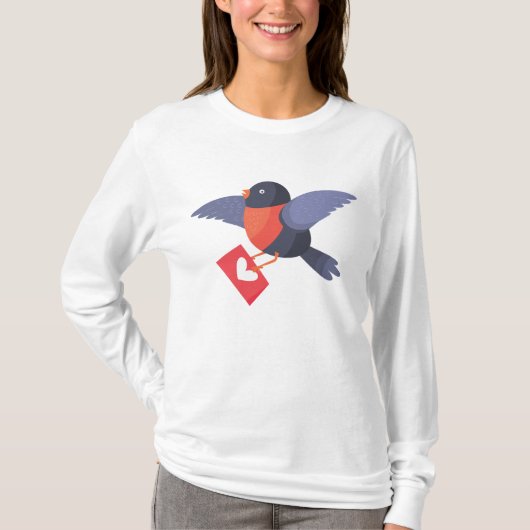 T-shirt Robin Bird Flying with Red Heart Love Letter (Devant)