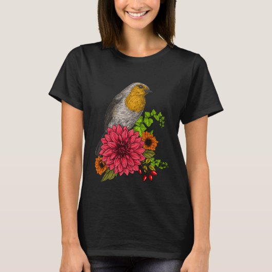 T-shirt Robin sur bouquet de fleurs (Devant)