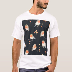 T-shirt Robins, baies de rowan, motif d'aquarelle d'hiver.