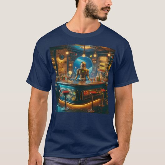 T-shirt Robot Bartender in Interstellar Space Age Dive Bar (Devant)