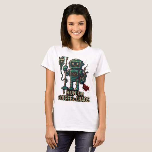T-shirt Robot Café Tee - "JE COURS SUR CAFÉ & CHAOS" (Devant entier)