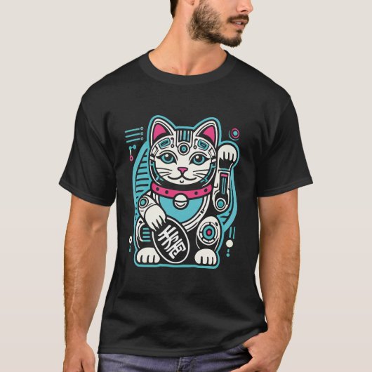 T-shirt Robot Cyberpunk Maneki Neko Chat Lucky, Argent (Devant)