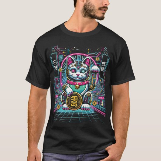 T-shirt Robot Cyberpunk Maneki Neko Chat Lucky, Argent (Devant)