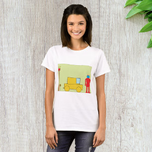 T-shirt Robot Géométrique Rétro et Voiture Jaune