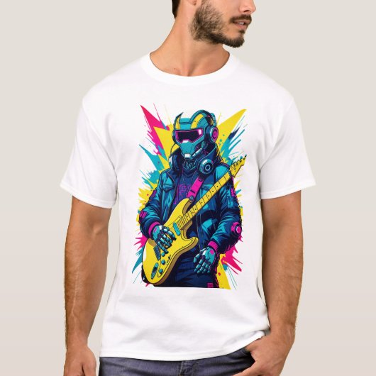 T-Shirt Robot Guitariste Cyberpunk Synthwave Art (Devant)