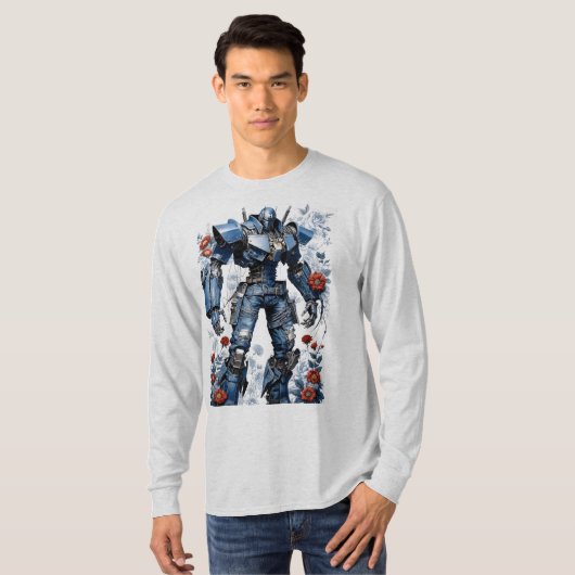 T-shirt Robot Mech Denim bleu avec Roses rouges (Devant entier)