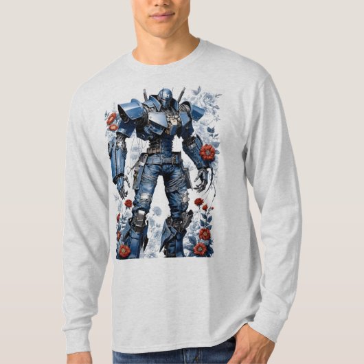 T-shirt Robot Mech Denim bleu avec Roses rouges (Devant)