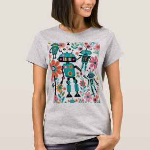 T-shirt Robots Et Fleurs Rétro Mignons
