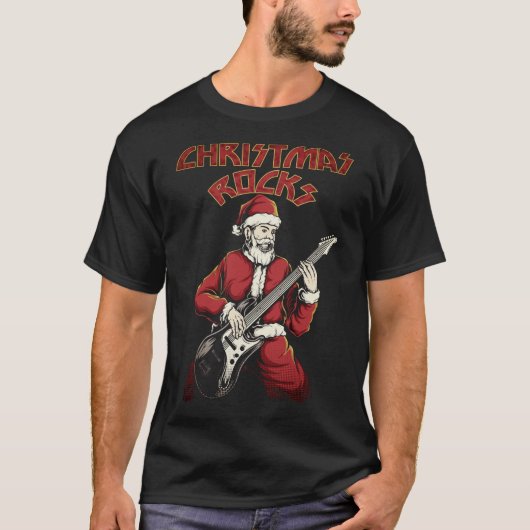 T-shirt Rochers de Noël Père Noël Avec Guitare (Devant)